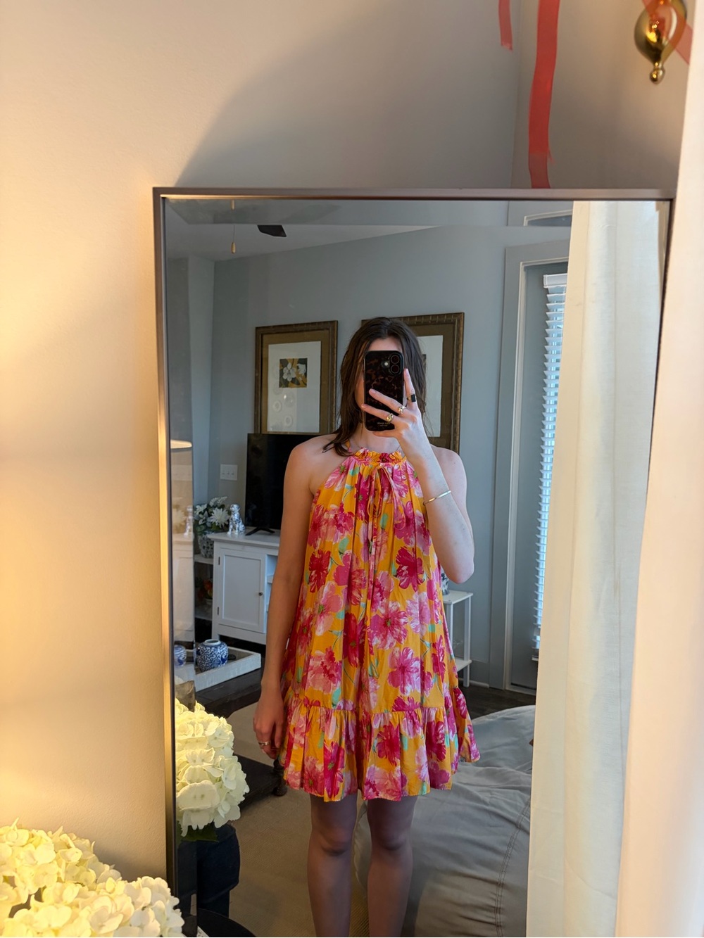H&M Yellow Halter Mini Dress with Pink Floral Print